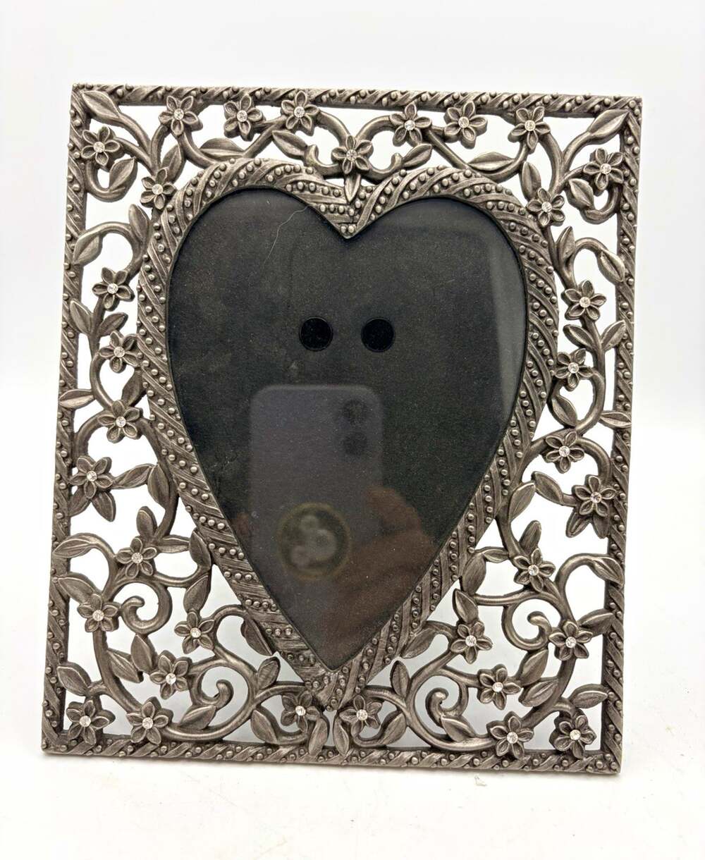 Silver Metal Floral Scroll Heart Photo Frame Rhinestone Accents Portrait Easel